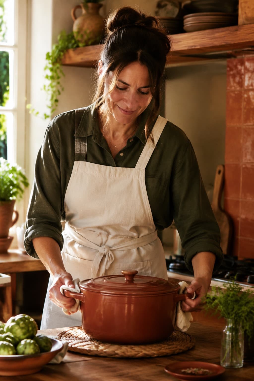 A cook in an apron resting a pot on a trivet in a warm kitchen