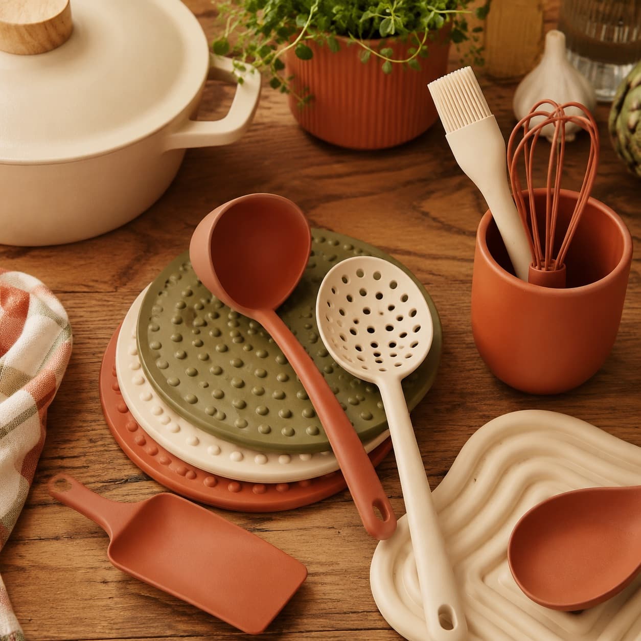 Close-up of food-grade silicone kitchen tools in warm light