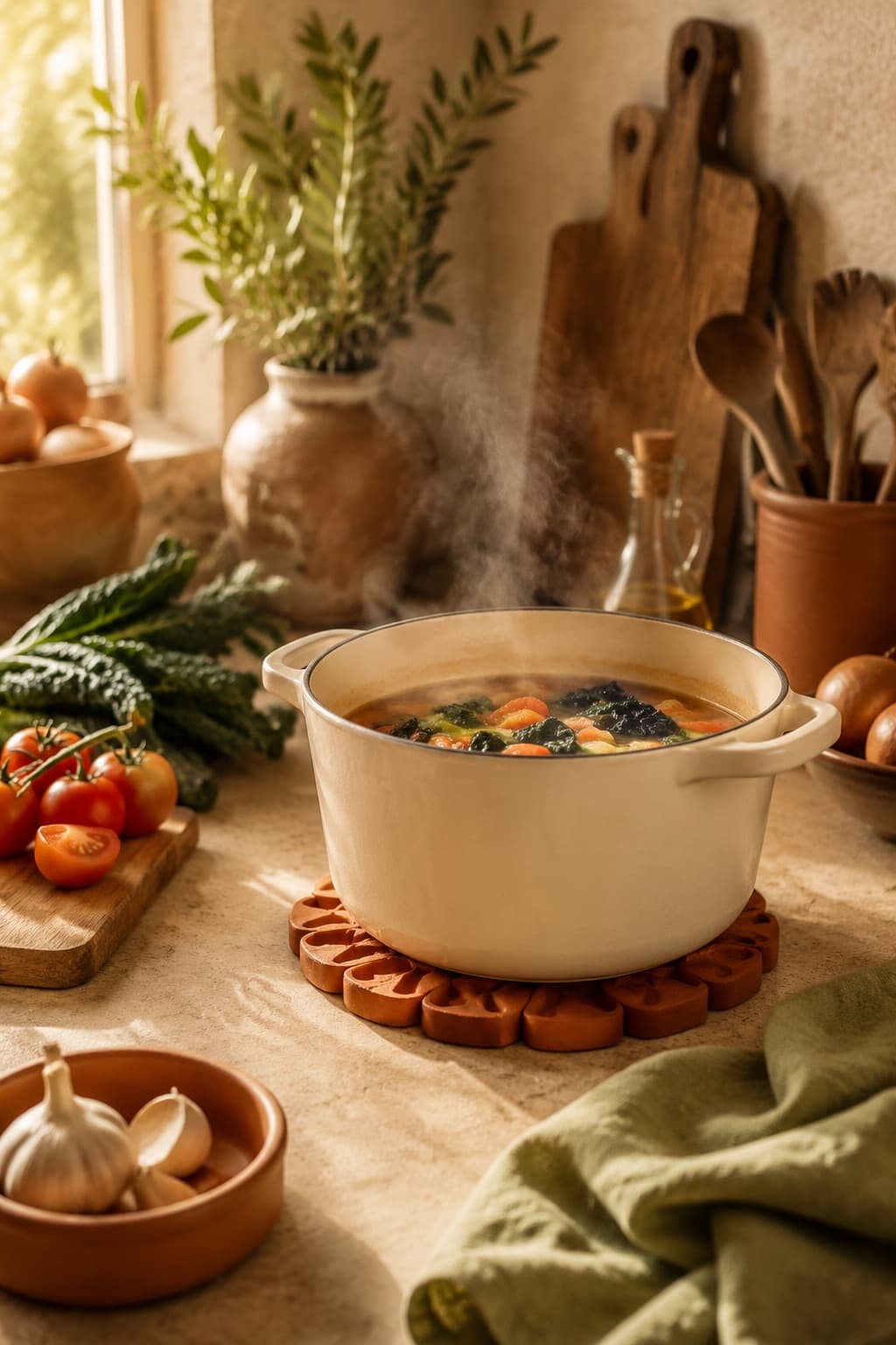 A warm home kitchen counter at golden hour with a steaming pot resting on a silicone trivet